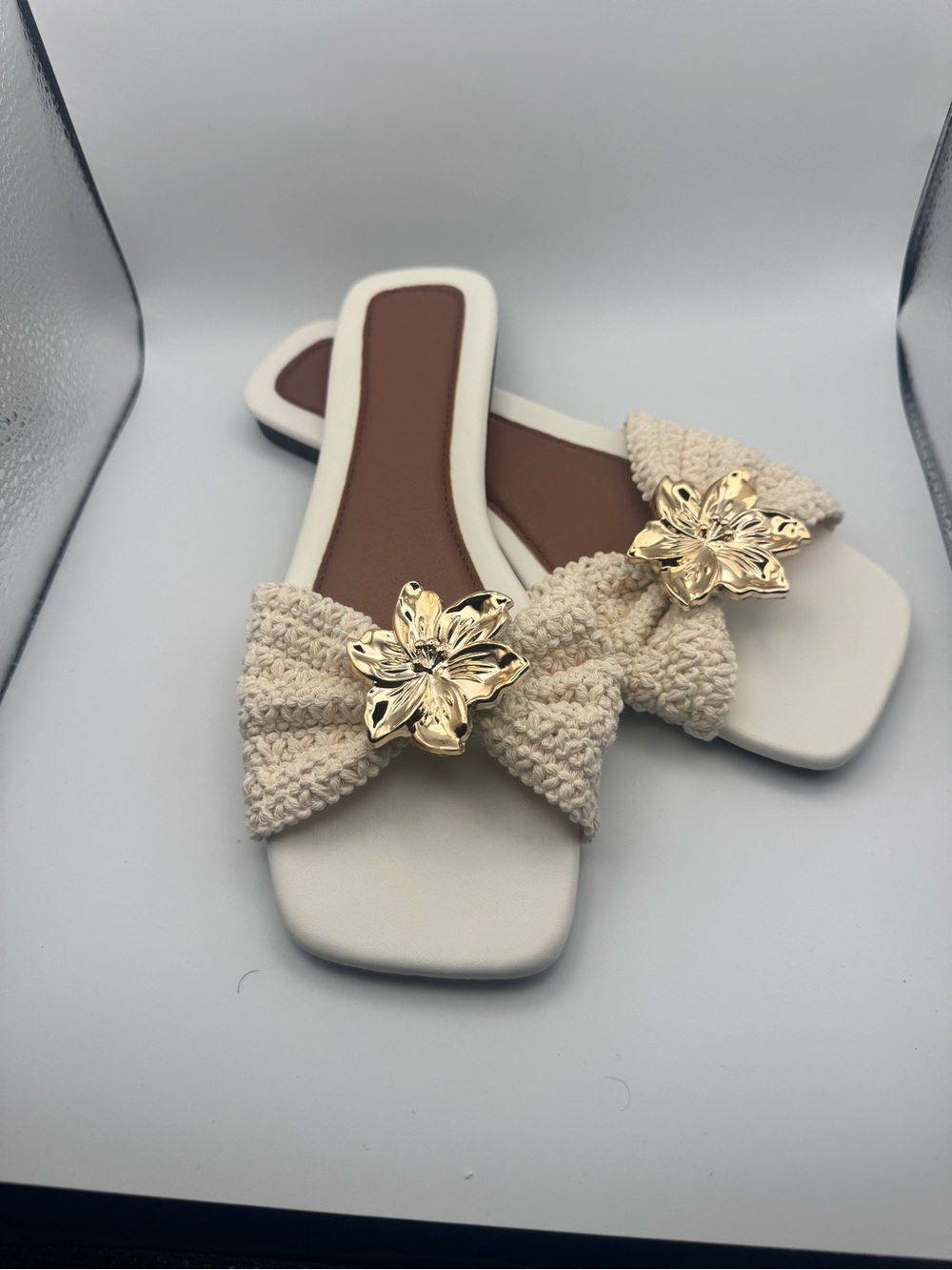 Neutral Cream Crochet Bow Slide Sandals with Gold Flower Accent